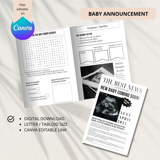 Baby Announcement Newspaper, Pregnancy announcement newspaper, Baby On the Way, newspaper baby, Canva Template, Editable, digital newspaper