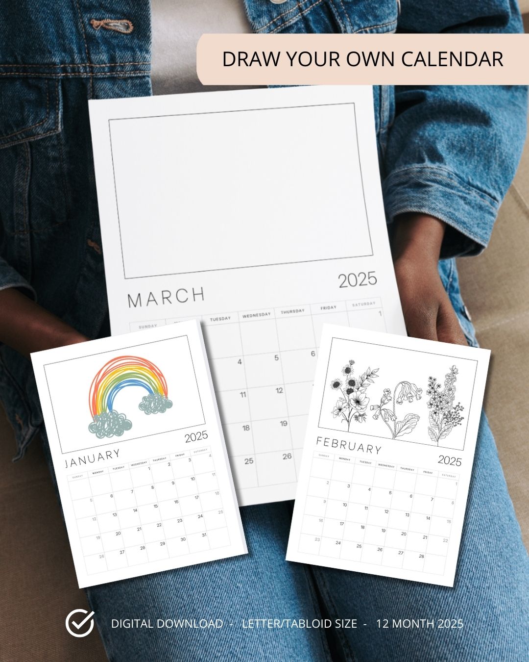 2025 Printable Coloring Calendar, DIY Planner for Adults and Kids, Cus