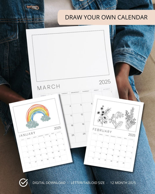 2025 Printable Coloring Calendar, DIY Planner for Adults and Kids, Customizable, Draw and Decorate Your Own Planner, Fun Drawing Activity