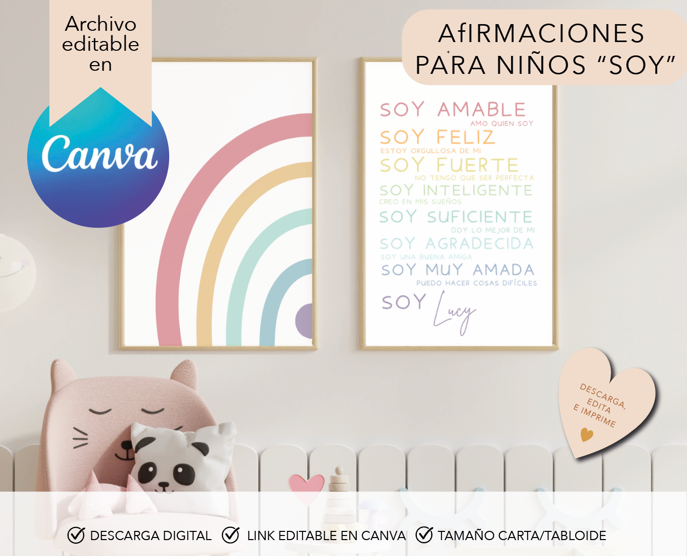 Afirmaciónes para niños, Arte de pared personalizado, Decoración de cuarto niños