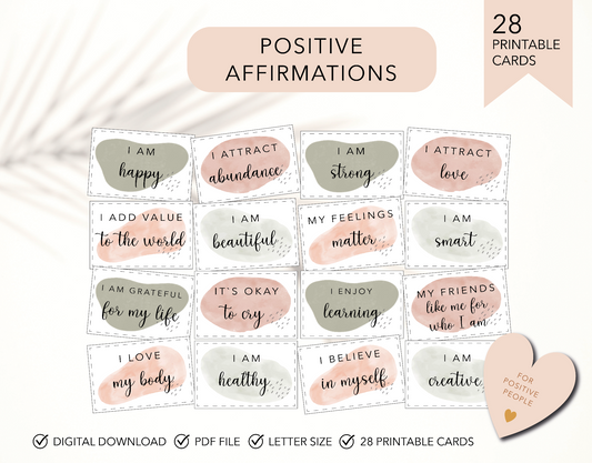 Digital template, Digital Printable PositiveAffirmations, SelfCare, SelfLove, TherapyTools, PrintableCards, confidence, selfcare