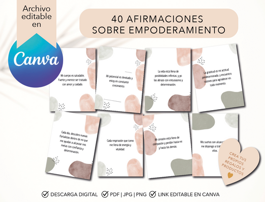 Tarjetas de afirmaciones positivas, empoderamiento personal, Diseño Digital para Imprimir, Editable en Canva, Amor propio, Salud mental