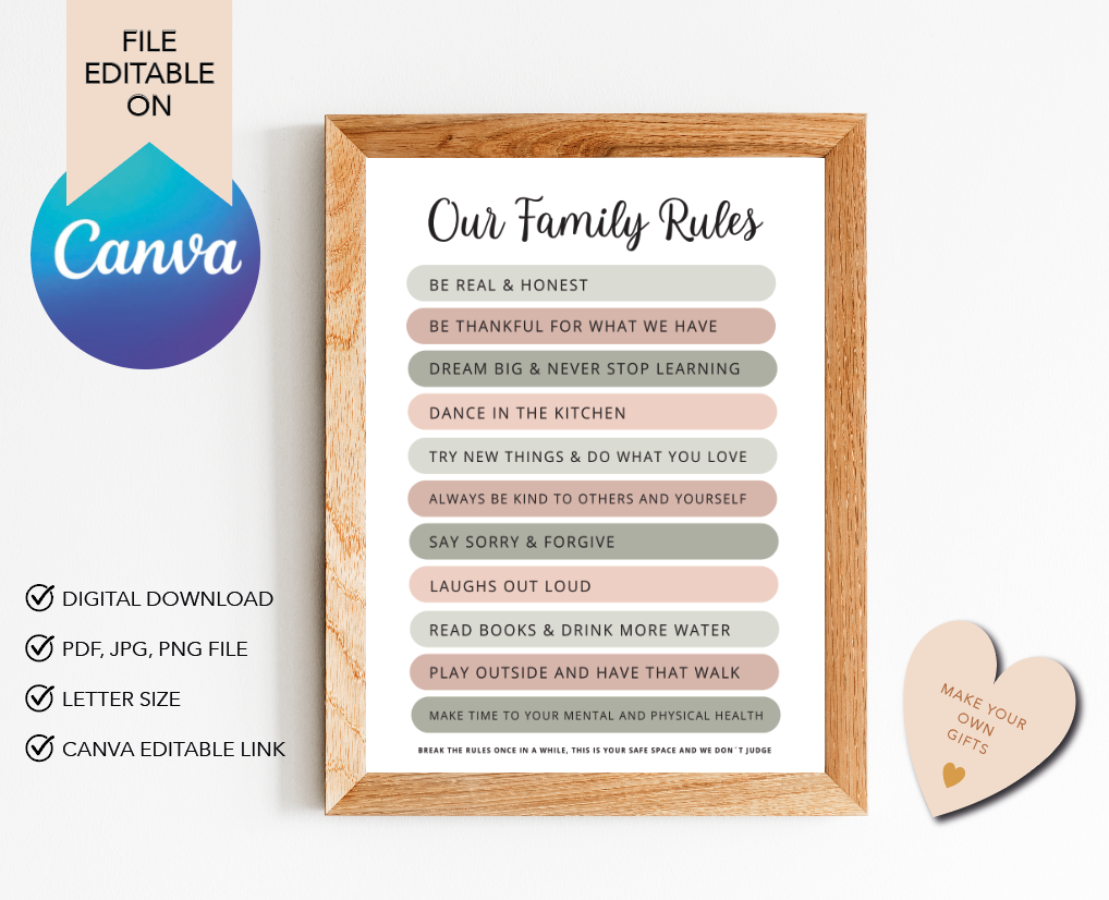 Family Rules Digital Download PDF Printable, EDITABLE on Canva, Family House Rules, Family values, Home decor, Customizable rules