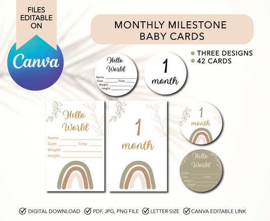 Printable Monthly Milestone Cards Baby, Editable Canva Template