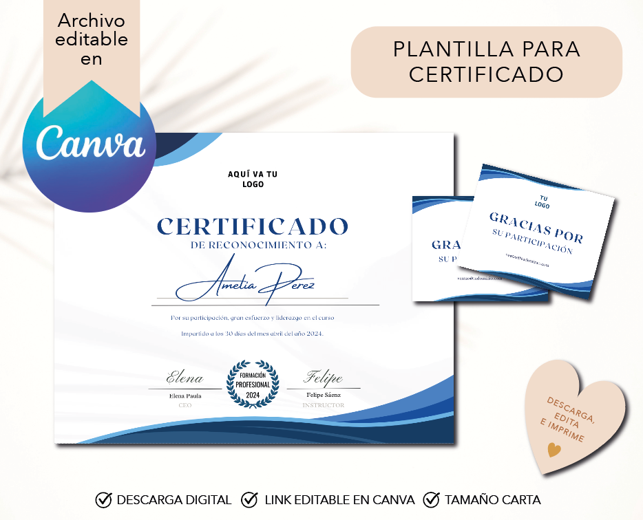 Certificado de participación, Plantilla de título, taller, clase, mentoría, certificado de asistencia, diseño editable en canva