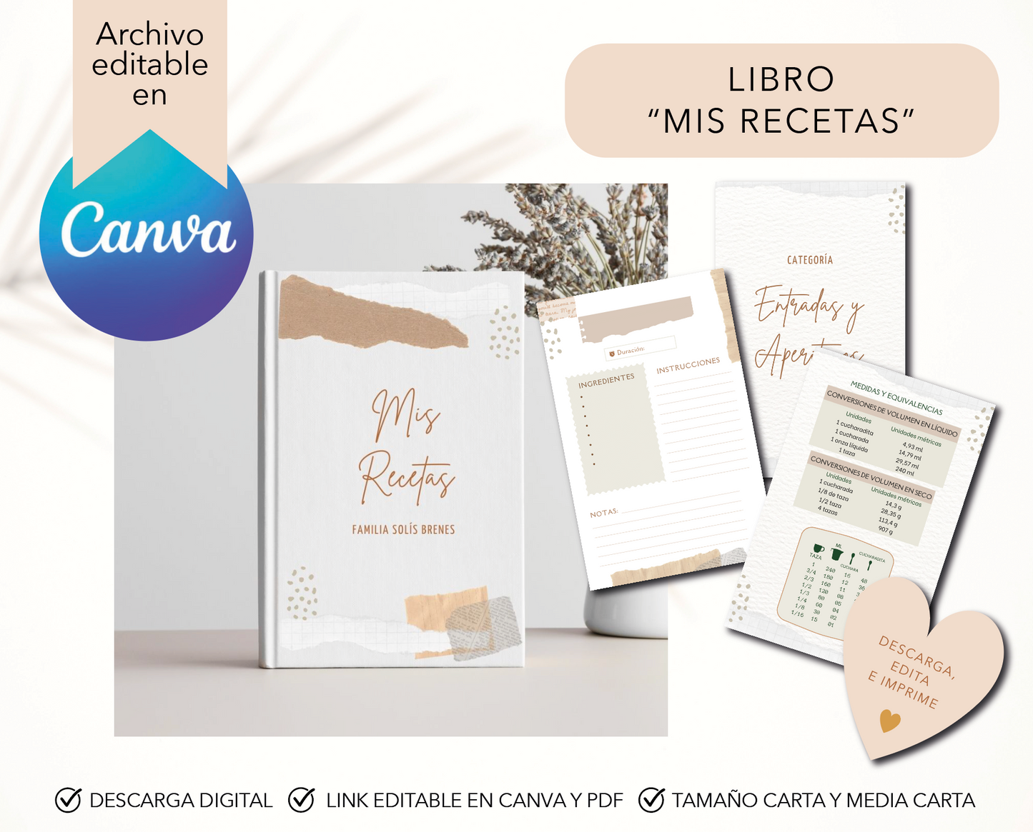 Libro Mis recetas, diseño digital editable en canva, recetario para imprimir