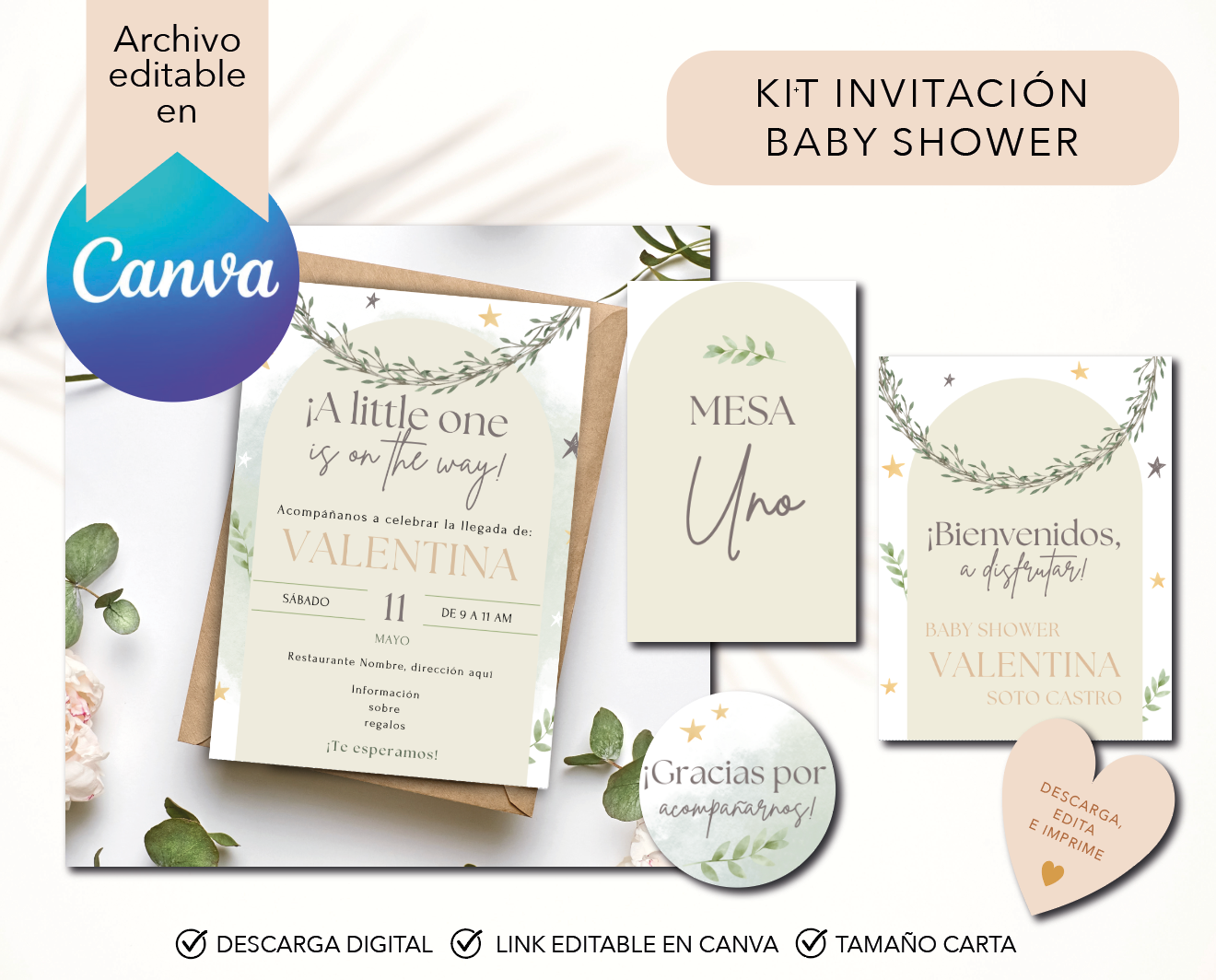 KIT editable Invitación Baby Shower Boho Green