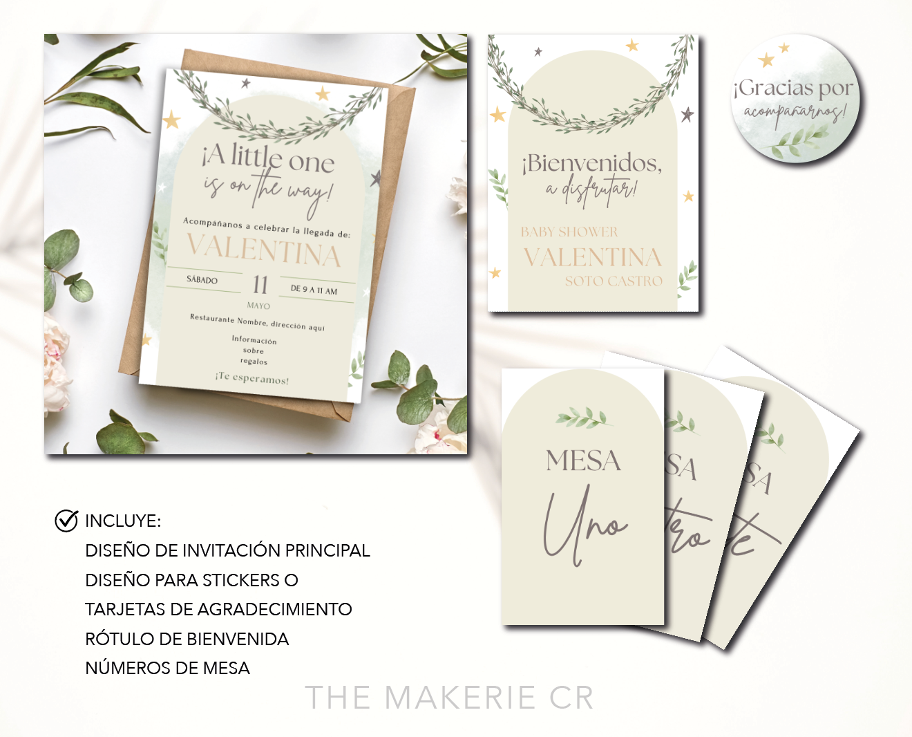 KIT editable Invitación Baby Shower Boho Green