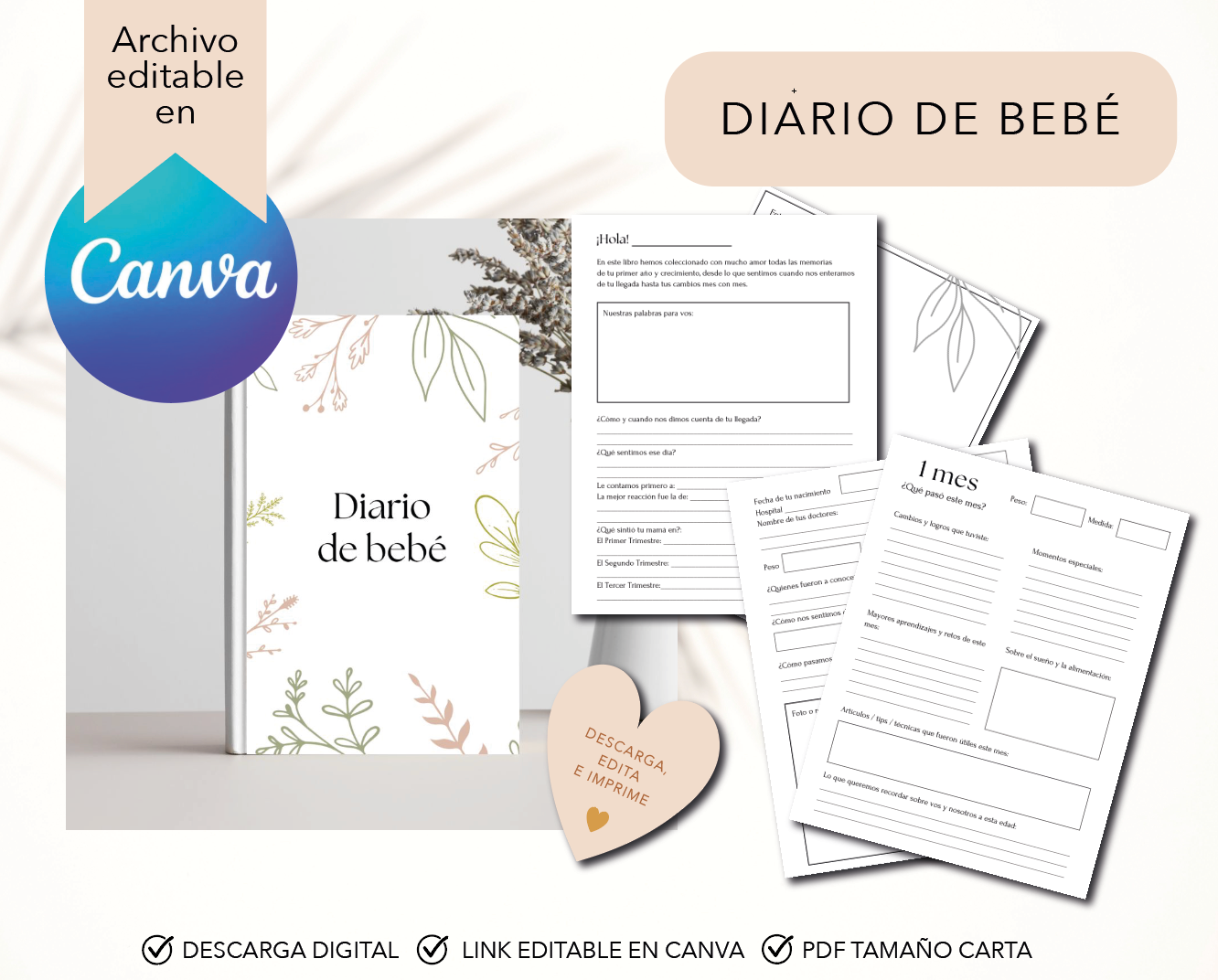 Diario de bebé, Baby Memory, Recuerdos Primer año de bebé, PDF, enlace editable en Canva