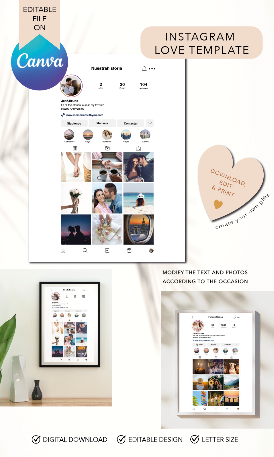 Instagram Love Template, Instagram Profile Mock-up Editable, Custom Gift 1 Yearr Anniversary Gift Wedding Anniversary, Photo Custom Gift