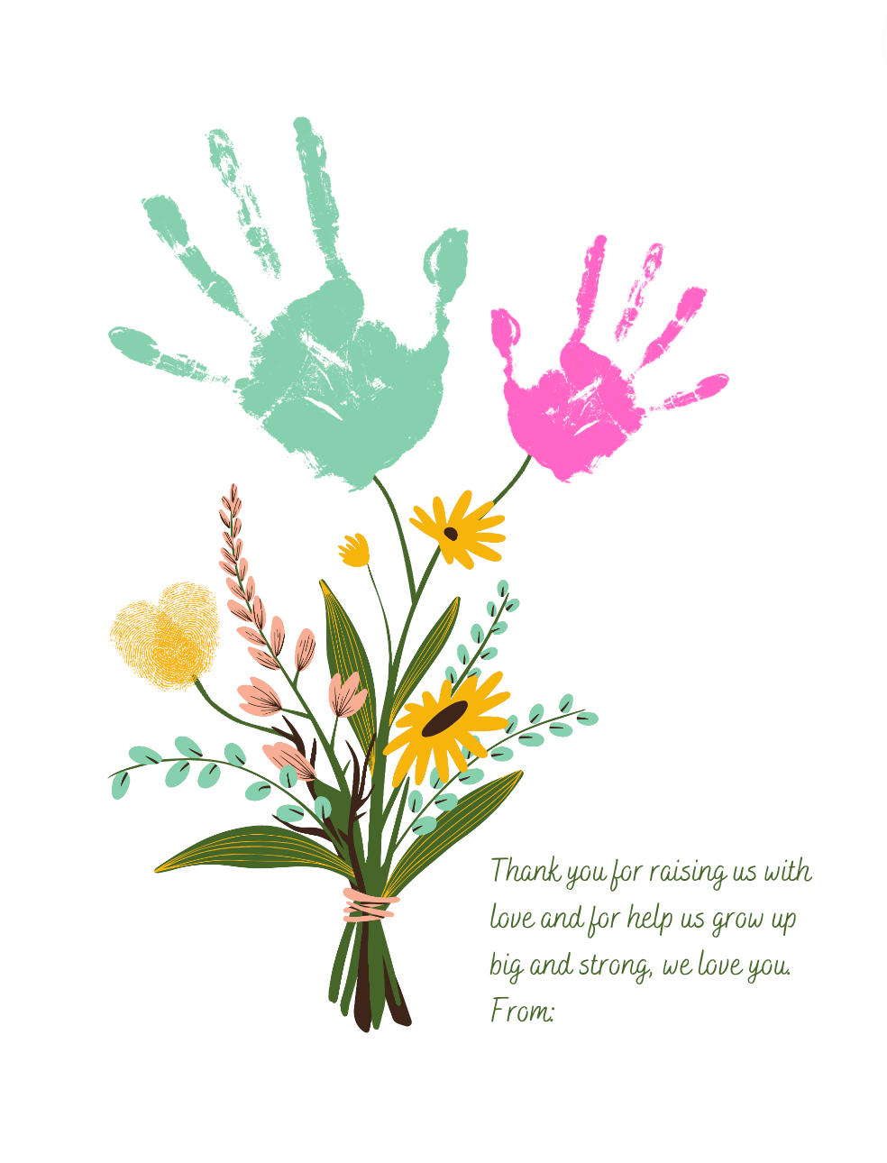 Flower bouquet to print and personalize with handprints, gift for mom, grandma or aunt 8.5x11 / 11x17 inches, Crafts for children