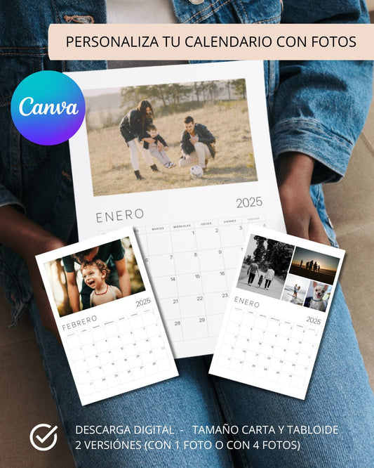 Calendario 2025 Personalizable con Fotos, Calendario Imprimible DIY en Canva, Plantilla de foto calendario editable, Crea tu planificador