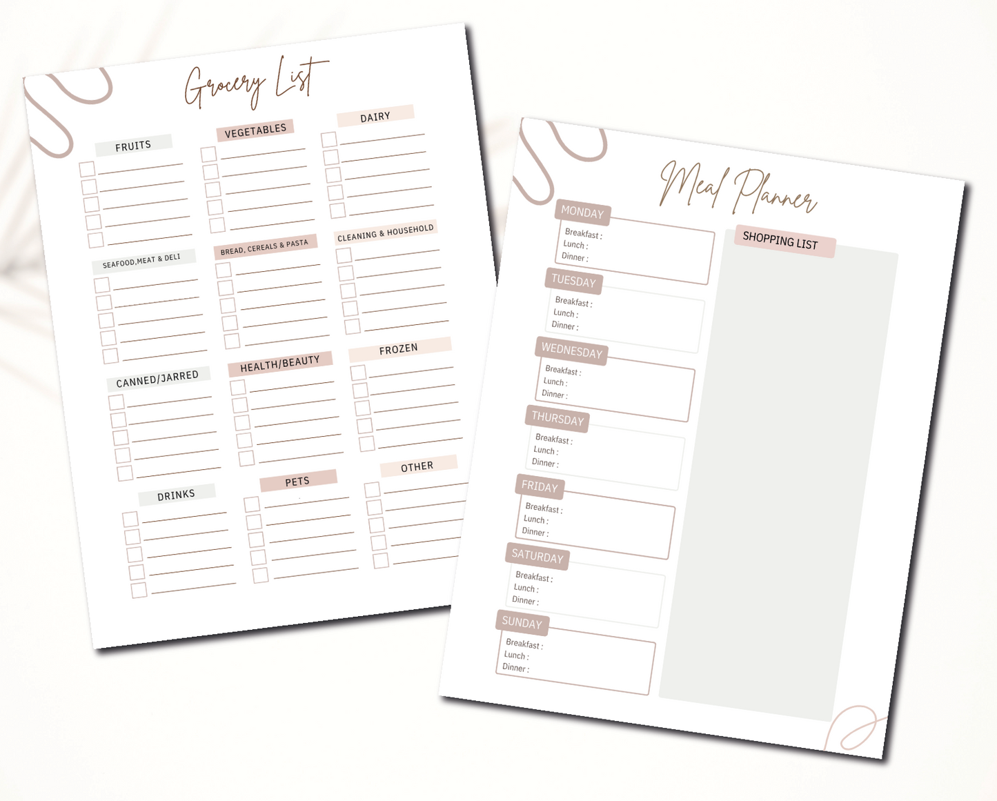 Grocery List, Meal Planner, weekly planner, Vision Board Printable