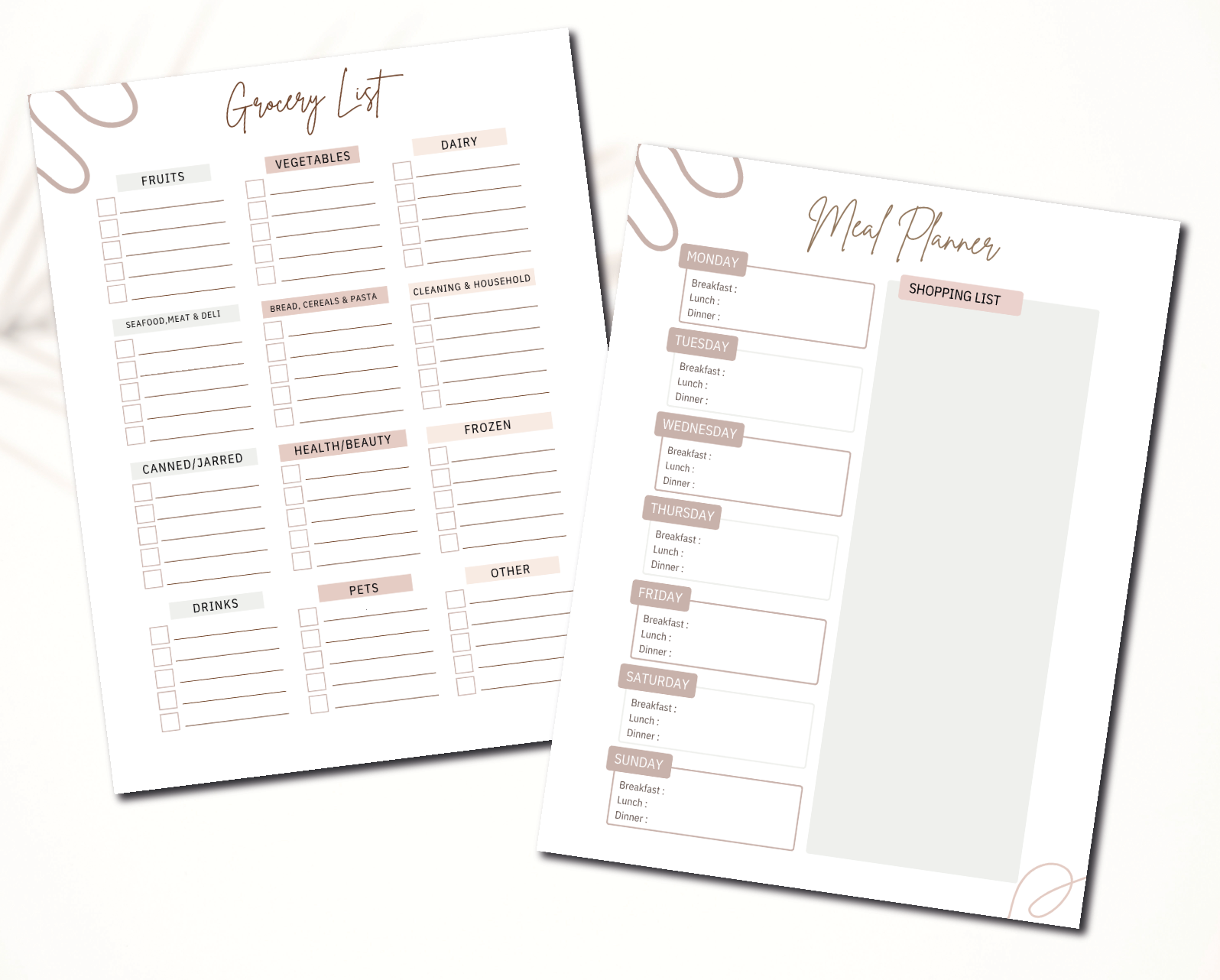 Grocery List, Meal Planner, weekly planner, Vision Board Printable