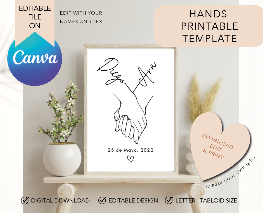 Hands Personalized names Printable Template Anniversary Gift