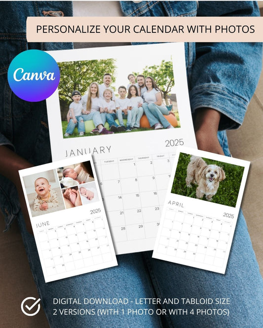 2025 Customizable Photo Calendar, Printable DIY Calendar in Canva, Photo Planner Template 2025, Custom Gift idea, Editable Photo Calendar