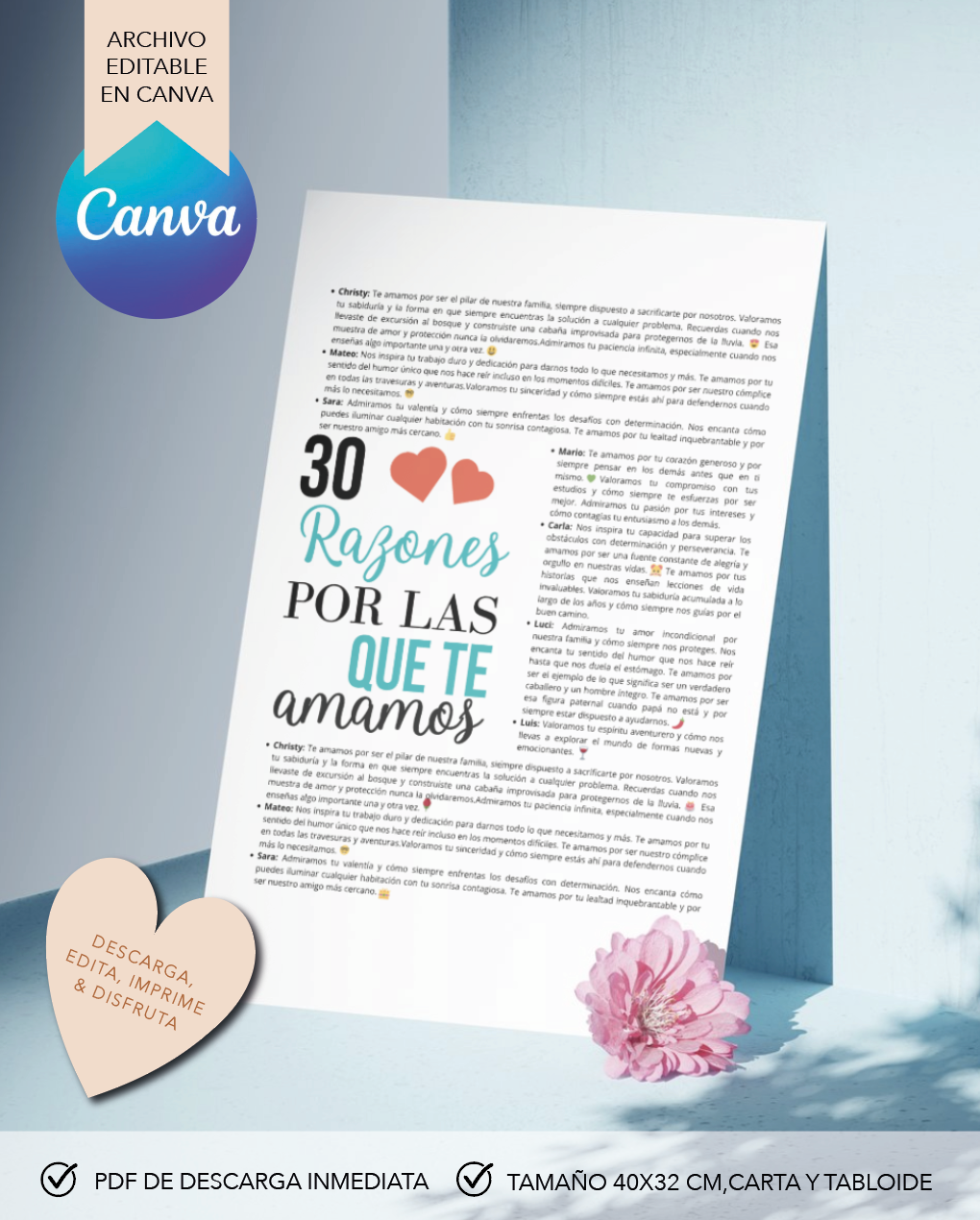 Póster editable imprimible de razones por las que te amamos, regalo personalizado, aniversario, cumpleaños para mujeres y hombres