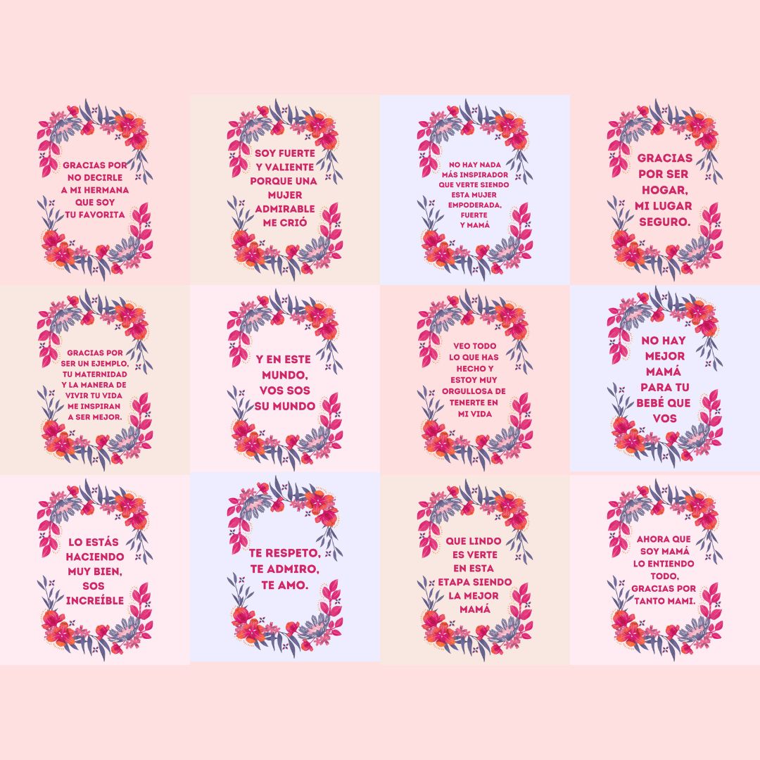 Tarjetas del día de la madre, diseño floral con frases para mamás, tías, amigas. 12 diseños descargables para regalar en el día de la madre, cumpleaños o día especial